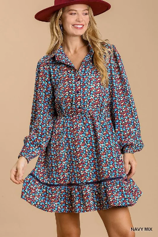 Collared neckline button down floral print dress with crochet trimmed details Tunics Office stylish