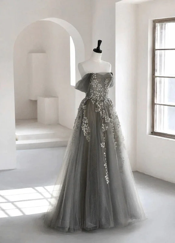 Grey Off Shoulder Tulle with Lace Applique Long Party Dress,Grey Prom Dress Tunics Versatile functional