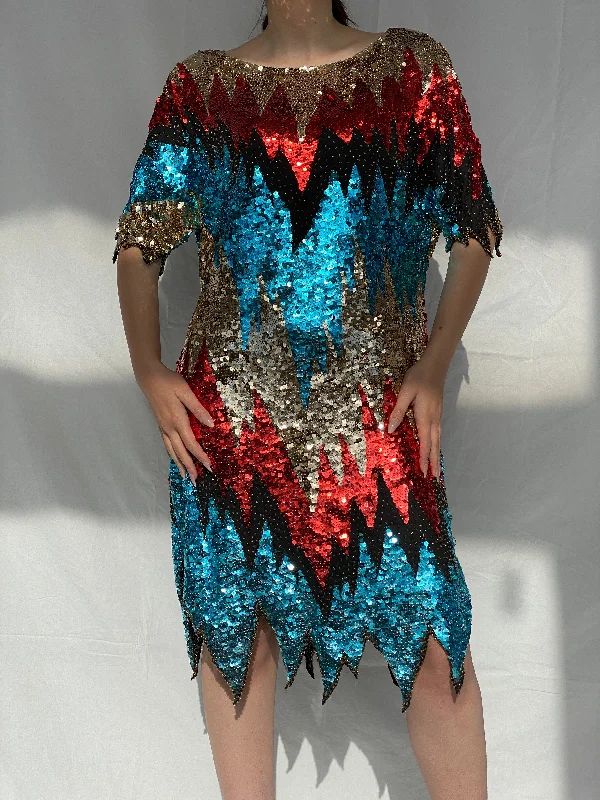 Vintage Iris Zig Zag Sequin and Sheer Midi Party Dress - L Tunics Print Colorful