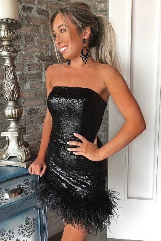 Black Sequin Strapless Feathered Short Party Dress  gh1287 Tunics Favorite customer