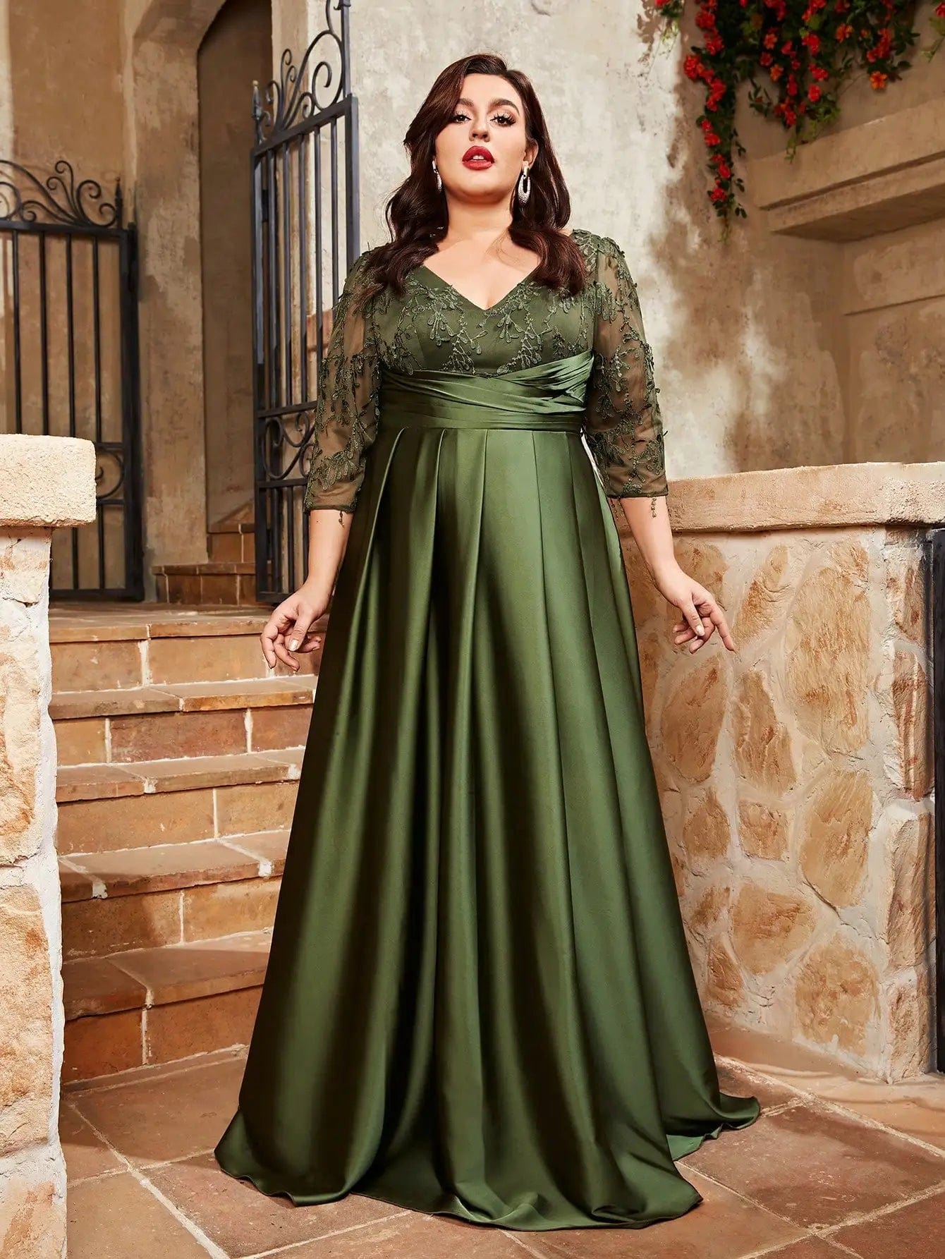 Mgiacy  plus size V-neck lace embroidery Mosaic satin cloth hand-folded long skirt Evening gown ball dress Party dress Tunics Mesh breathable