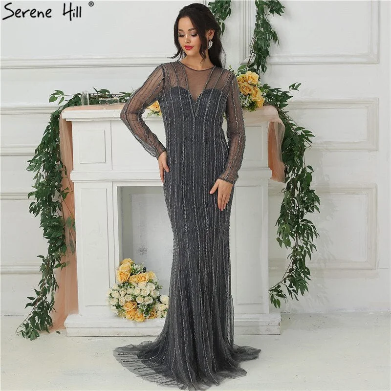 Sale Dubai New Gold Fashion Mermaid Evening Dresses 2024 Long Sleeves Beading Sexy Luxury Evening Party Dress LA6629 Tunics Short Trendy