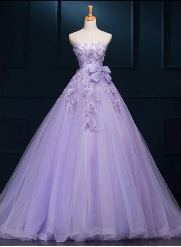 Light Purple Tulle Long Sweet 16 Dress with Bow, Lace Applique Purple Prom Dress Party Dress Tunics Essential wardrobe