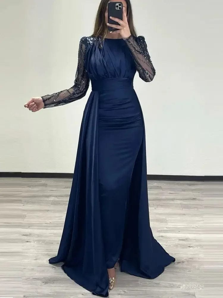 Navy Blue Elegant Long Sleeves Mermaid Sequined Evening Gowns Satin Saudi Arabic Party Dress Prom Dresse Robe De Soirée 2024 Tunics Velvet soft