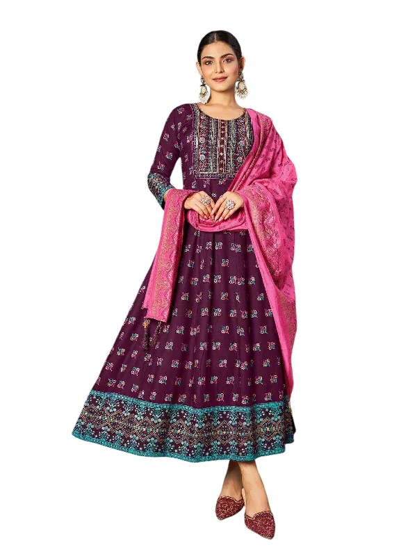 Wine - Cotton Block Printed Long Dress with Dupatta - Available in Sizes 14(40") & 20 (46") - BH1008 KK 0924 empire Waist empire