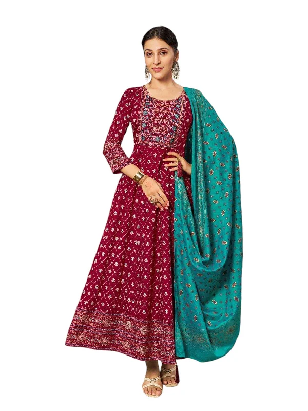 Maroon - Cotton Block Printed Long Dress with Dupatta - Available in Sizes 14(40") & 20 (46") - BH1005 KK 0924 Boatneck Modish Everyday