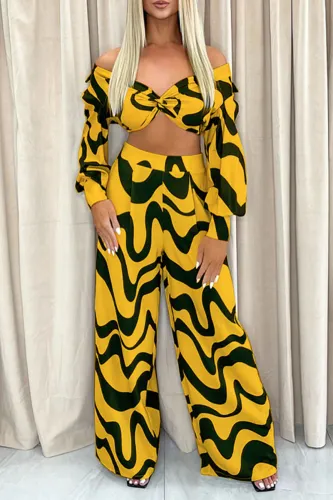 Sexy Yellow Gold Abstract Print 2 Piece Crop Top & Wide Leg Pants Set Casual Formal Business