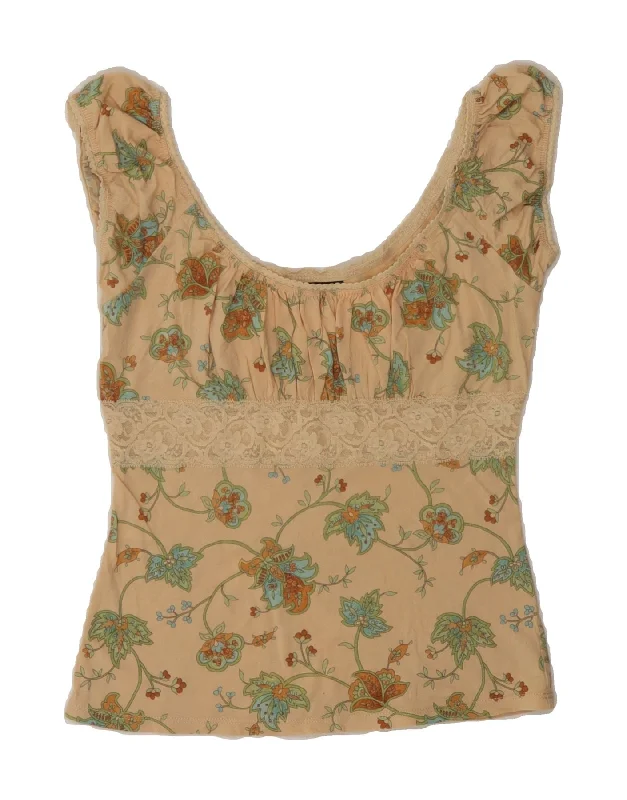 EXPRESS Womens Sleeveless Crop Top UK 0 2XS Beige Floral Notch Collar Peter Pan Collar Cowl Neck