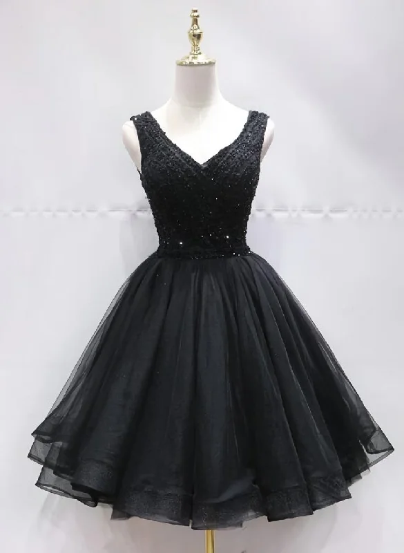 Black Tulle V Back Beaded Knee Length Homecoming Dress, Black Short Party Dress Tunics Long Elegant