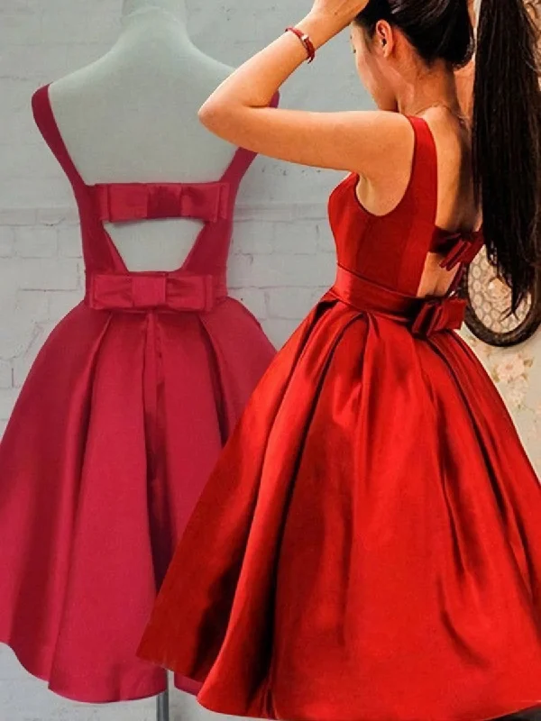 Cute Red Satin Scoop Sleeveless Short Party Dresses, Red Homecoming Dress Tunics Exclusive limited