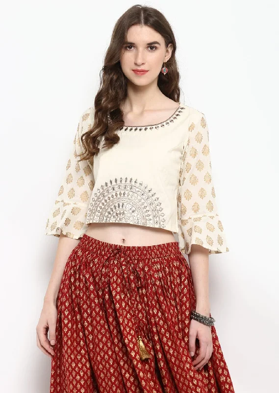 Women's Ivory Gold Print Embroidered Crop Top - Varanga Elegant Classic Vintage