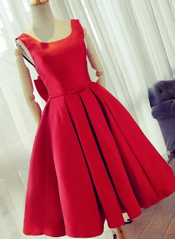 Cute Satin Bow Back Party Dresses Red Short Homecoming Dresses Boatneck Modish Everyday