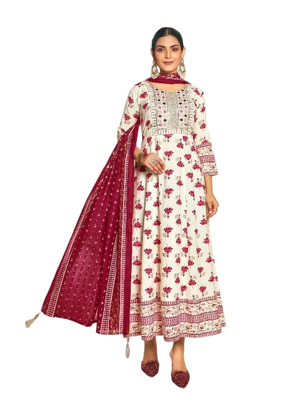 Off White / Cream - Cotton Block Printed Long Dress with Dupatta - Available in Sizes 14(40") & 20 (46") - BH1003 KK 0924 Square Neckline Feminine