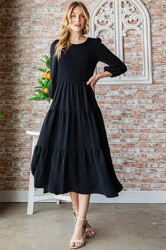 Reborn J Round Neck Smocked Tiered Dress Tunics Long Elegant