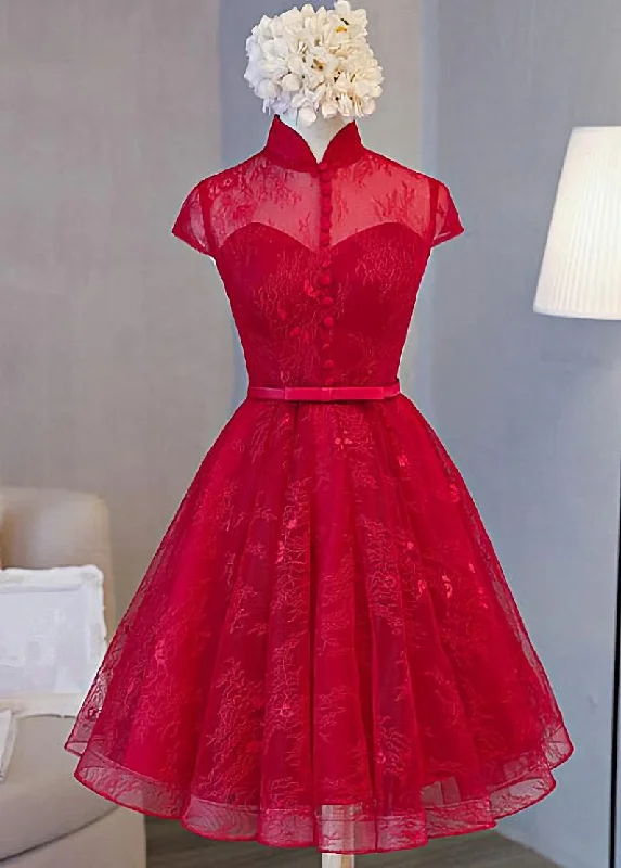 Cute Lace Short Cap Sleeves Homecoming Dress, Red Short Party Dresses Crew Neckline Casual