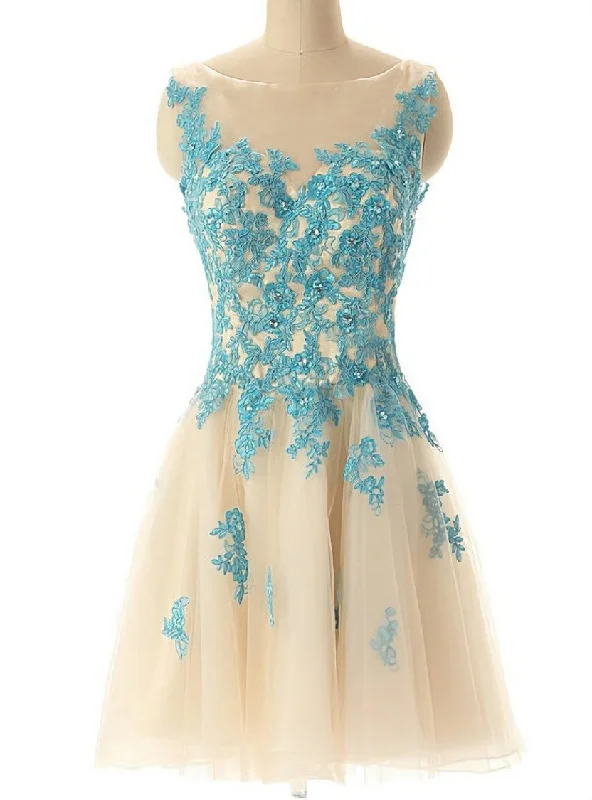 Boat Neck Champagne Tulle Prom Party Dress with Blue Lace Tunics Ceremony elegant