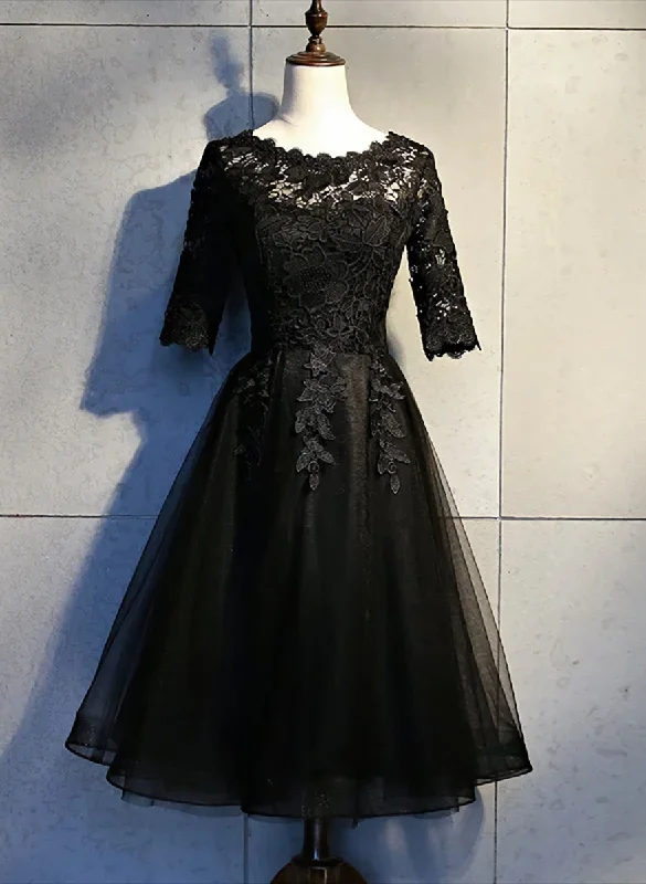 Black Lace and Tulle Short Sleeves Party Dresses Formal Dress, Black Homecoming Dresses Tunics Floral girly