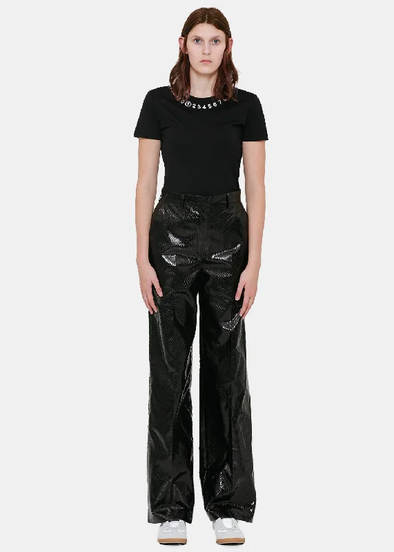 Black Snakeskin Embossed Pants Elegant Palazzo Trousers