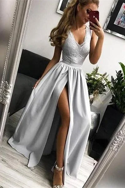 Elegant Silver V-neck Long Lace Satin Prom Dress For Teens Party Dress Tunics Polka dots