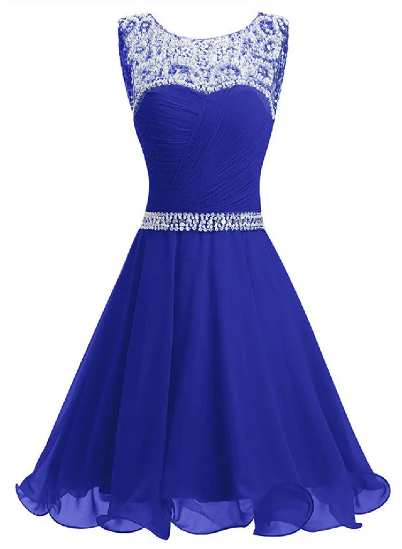 Beaded Chiffon Round Neckline Short Party Dress, Blue Chiffon Homecoming Dresses Tunics Solid Classic