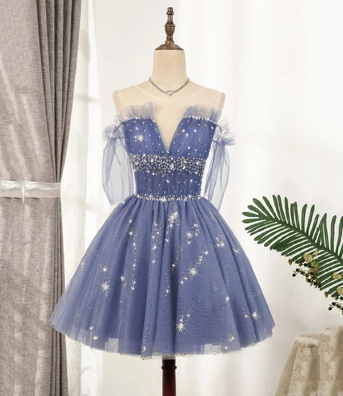 Blue Tulle Sequins Short A Line Homecoming Dress, Party Dress Boatneck Modish Everyday