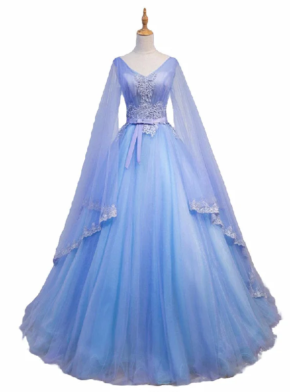 Blue V-neckline Prom Dress with Long Sleeves, Lace Applique Party Dress For Teen Tunics Exclusive limited