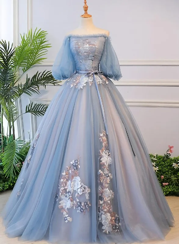 Blue Tulle Off Shoulder with Lace Floral Long Party Dress, Cute Party Dress Prom Dress Tunics Sophisticated sleek