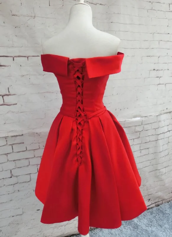 Red Satin Short Party Dress, Red Off Shoulder Homecoming Dress Tunics Sale discount