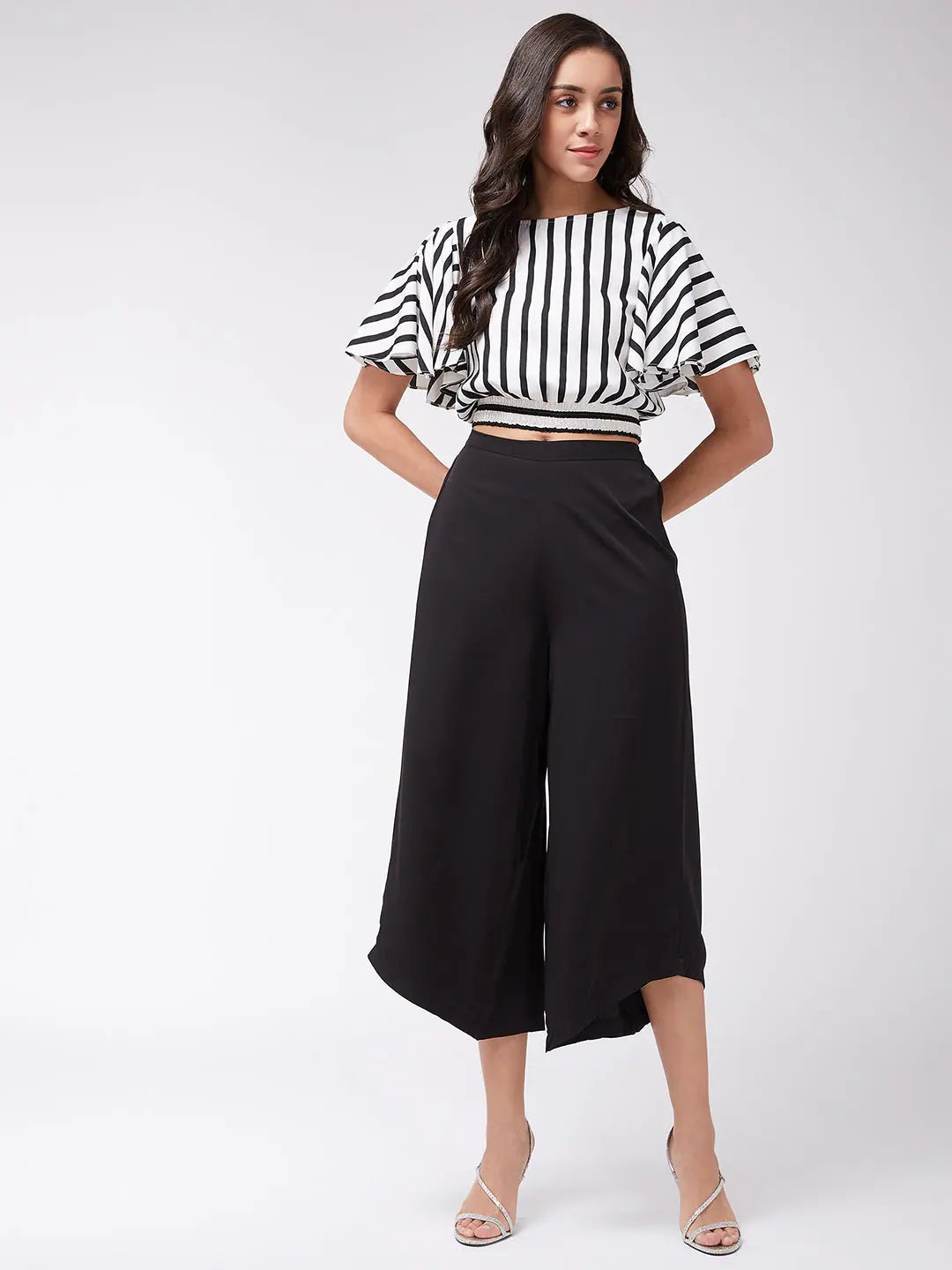 Monocromatic Stripes Crop Top With Solid Pants Elasticated Padded Insulated