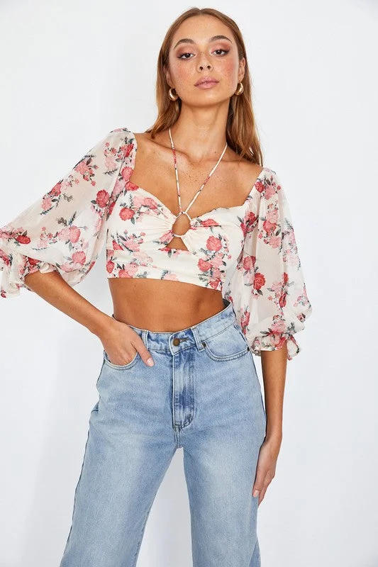 Floral Print Chiffon Balloon Sleeved Bustier Crop Top Hooded Caped Shawl Collar