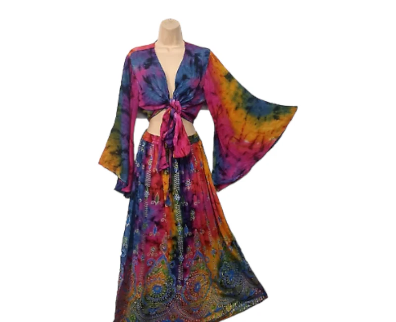 Bohemian 2 Piece Rainbow Tie Dye Crop Top & Maxi Skirt Set Solid Color Striped Floral