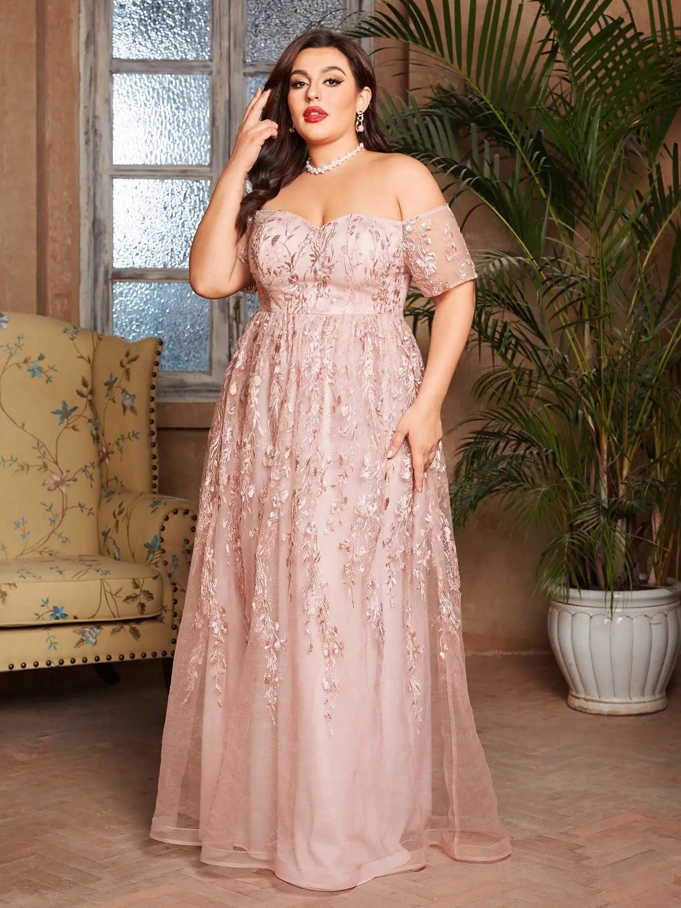 Mgiacy plus size Line neck short sleeve romantic embroidered lace long skirt Evening gown ball dress Party dress Tunics Gym athletic