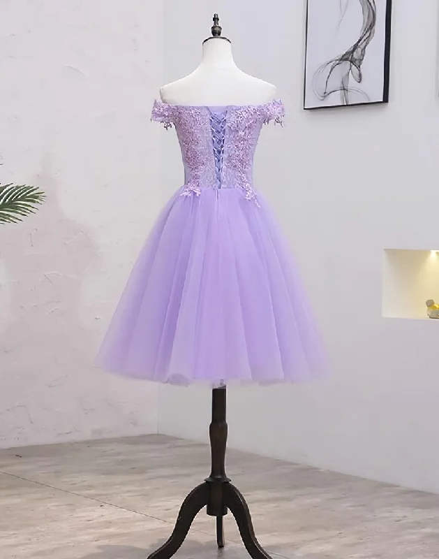 Light Purple Lace And Tulle Off The Shoulder Homecoming Dress, Short Party Dress Tunics Versatile functional