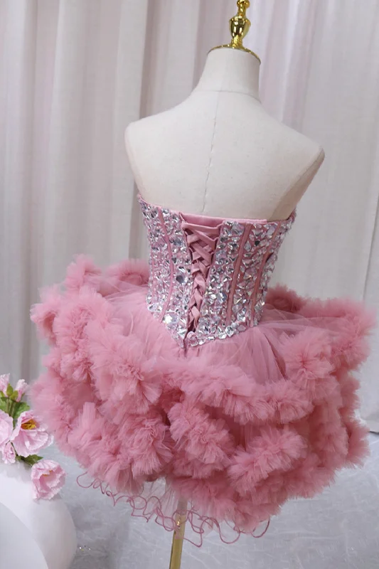 Pink Tulle Short Homecoming Dress with Rhinestones, Cute Party Dress Tunics Favorite customer