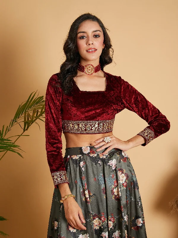 Women's Maroon Velvet Embroidered Crop Top - Lyush Welt Pockets Slit Pockets Flap Pockets