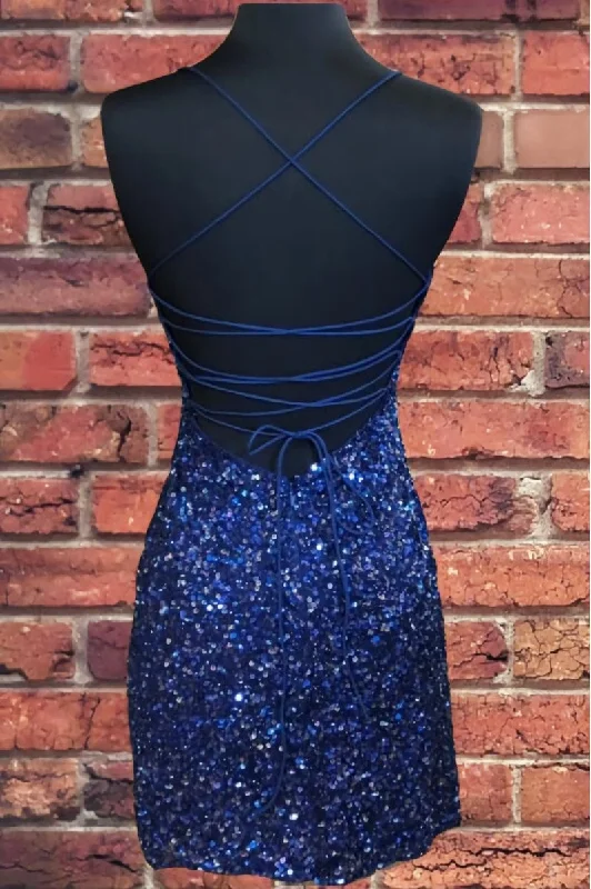 Tight Navy Blue Sequin Short Homecoming Dresses Sparkly Party Dress Tunics Chic fashionable