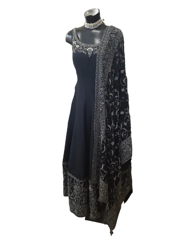 Cotton / Silky Dark Navy Anarakali  Long Dress with Grey Embroidery - Size 12 (Bust 38") - Dulhan HY 0724 Maxi Flowy Bohemian