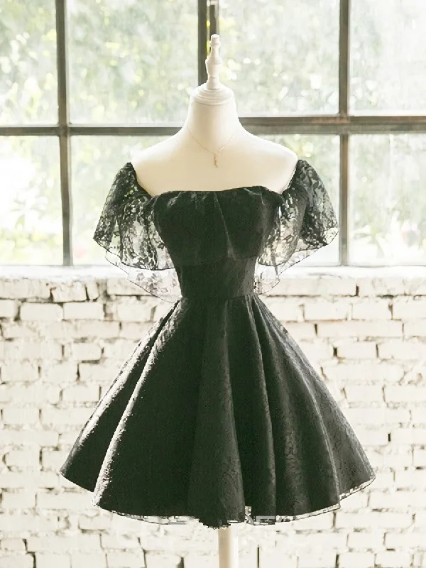 Black Off Shoulder Lace Sweetheart Lovely Short Homecoming Dress, Black Party Dress Tunics Mesh breathable