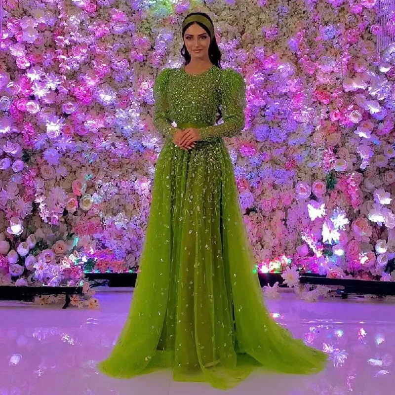 Serene Hill Green Mermaid O Neck Elegant With Skirt Long Sleeves Luxury Beaded Party Dresses Formal Women Evening 2023 LA71762 Off-the-shoulder Chic Trendy