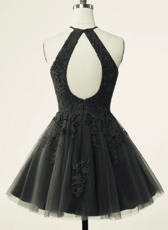 Black Halter Tulle With Lace Short Party Dress, Black Tulle Homecoming Dress Tunics Plaid country