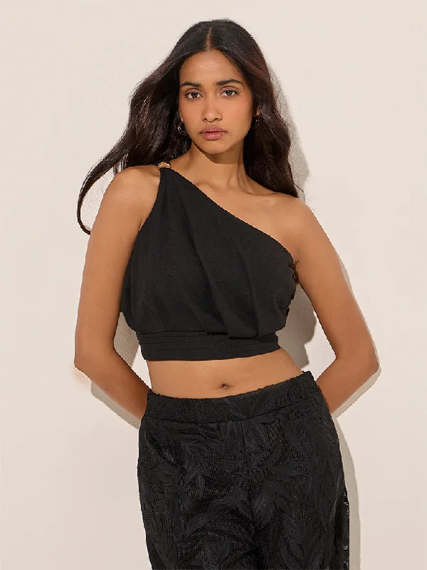 LOV Black One-Shoulder Crop Top Thin Crop Top Open Front Quick Dry