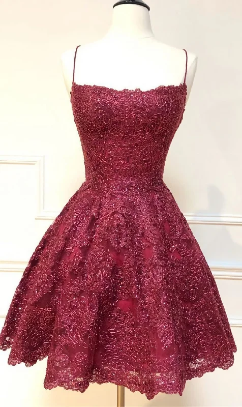 Formal Short Homecoming Dresses, Spaghetti Straps Cocktail Party Dresses, Burgundy Lace Homecoming Dresses, 2476 Cowl Neckline Elegant