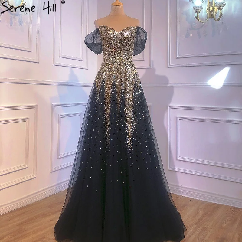 Serene Hill Luxury Black Gold A-line Evening Dresses Gowns 2024 Sparkle Beading Sexy For Women Party Dress LA70838 Tunics stripes playful