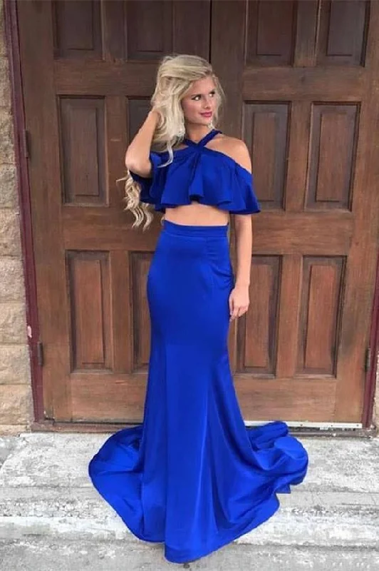 Simple Royal Blue Two Pieces Sheath Long Prom Dresses Party Dresses Tunics Evening elegant