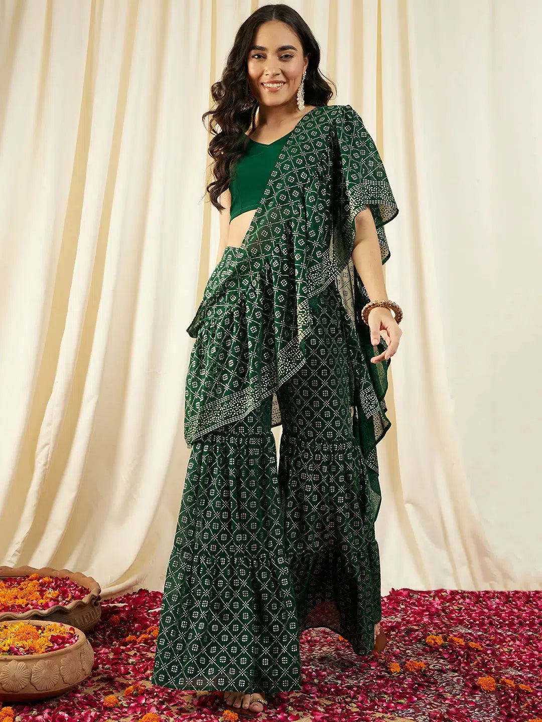 Crop Top with Sharara and frill Dupatta in Green Color Mesh Fabric Canvas Fabric Denim Fabric