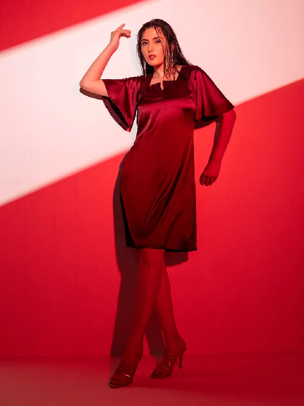 Satin Stretch A line Party Dress - Wine Tunics Versatile stylish