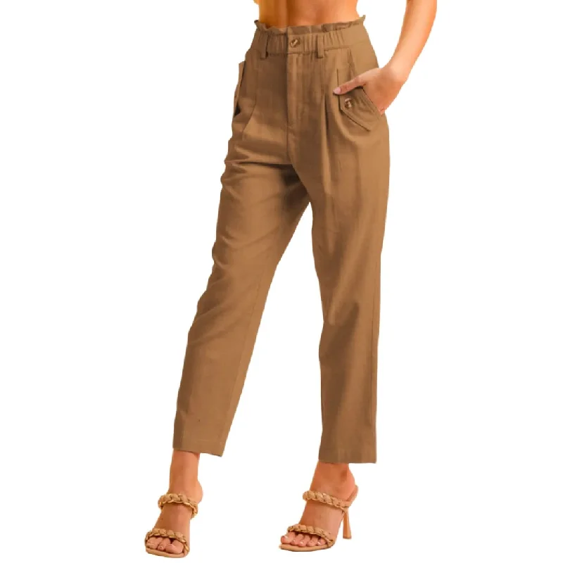 Brown Button Flap Pocket High Waisted Linen Pants Fashionable Work Pants