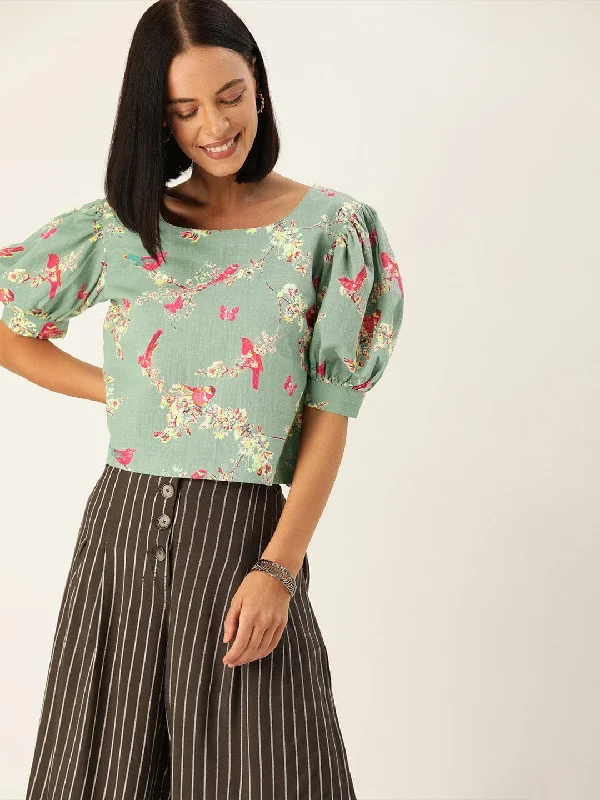 Women's Blue & Pink Floral Printed Puff Sleeved Crop Top - Varanga Layered Multi-layer Single Layer