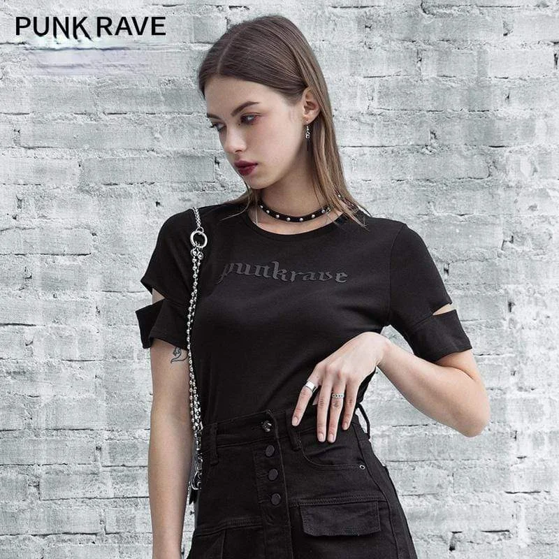 Women's Grunge Punk Rave Printed Cutout Sleeved Crop Top Tees Print Jacquard Patchwork