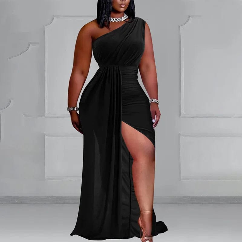 Plus Size Women Black Party Dress Elegant One Shoulder Pleated Evening Dress with High Slits Long Spring Summer Dress 2024 Tunics Leisure comfortable